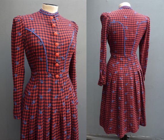 Vintage 1940s 50s Shirt Dress Checked Red Navy Bl… - image 1