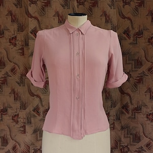 Vintage 1940s Rosa Crepe Bluse Kurzarm Hemd 40s XS