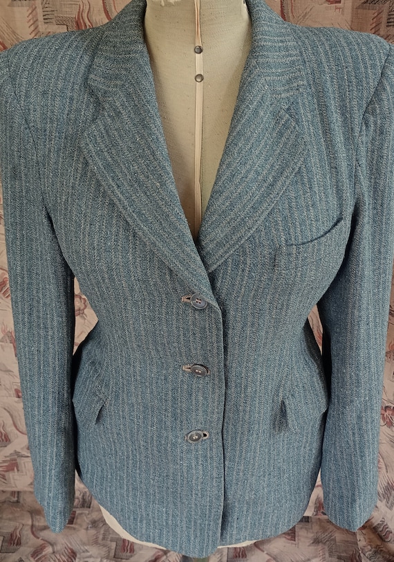 Rare Vintage 1940s Wool Jacket Grey Green Striped… - image 2