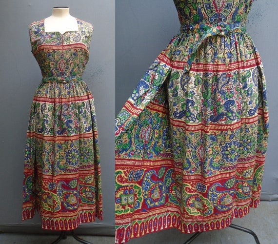 Vintage 1950s Dress Bold Print Red Green Blue Cot… - image 1