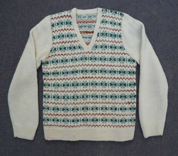 Vintage Hand Knitted Fair Isle Sweater Jumper Cre… - image 7
