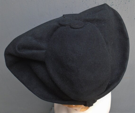 Vintage 1940s Black Felt Hat Bi-Corn Broad Brim H… - image 8