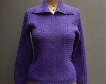 Vintage 1950s Purple Jumper Zig-zag Knit Collared Wool Sweater 50s 1960s