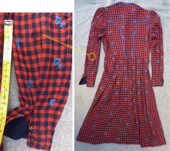 Vintage 1940s 50s Shirt Dress Checked Red Navy Bl… - image 10
