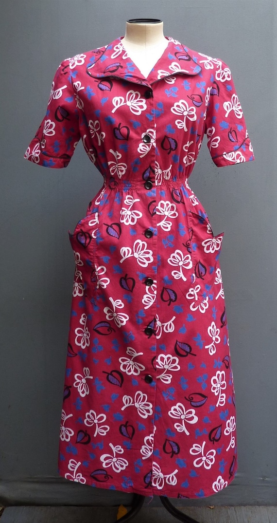 Vintage 1940s Cotton Shirt Dress Red White Blue B… - image 3