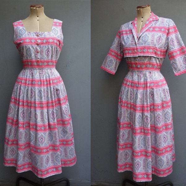 Vintage 1950s Sun Dress & Bolero Jacket Bold Novelty Print Pink Paisley Cotton Summer Holiday 50s