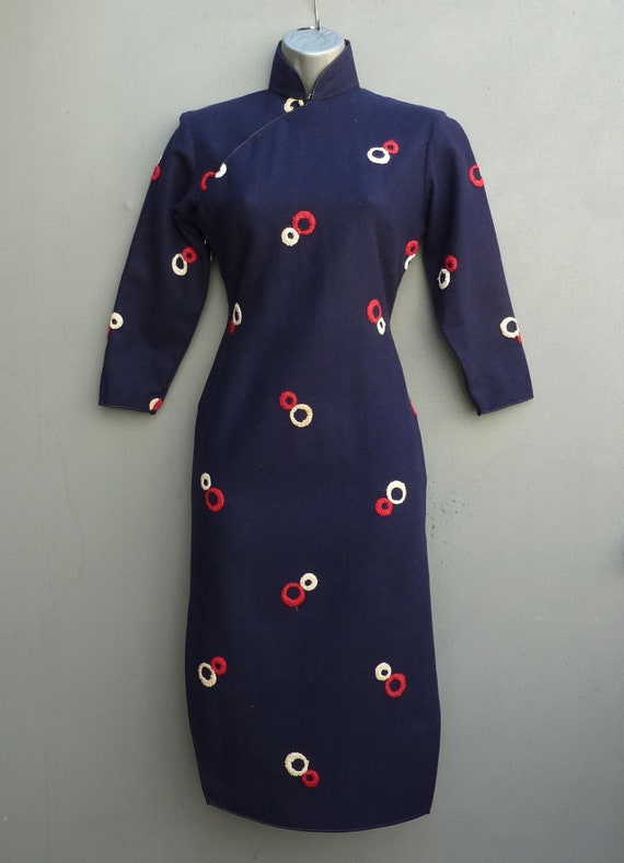 Rare Vintage 1940s Oriental Cheongsam Dress Blue … - image 2