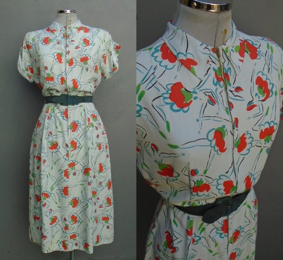 Superb Bold Novelty Print Vintage 1940s Dress Zip… - image 1