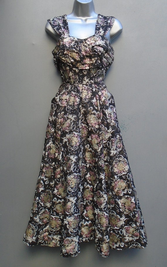 Original 1950s Dress Painted Novelty Floral Print 