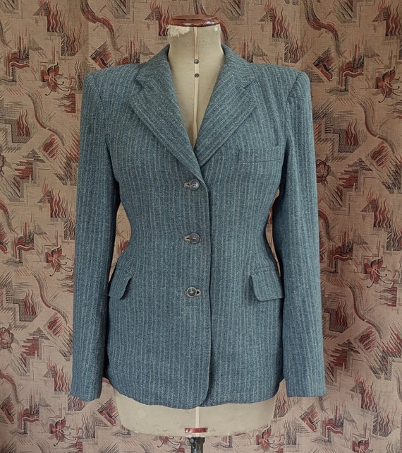 Rare Vintage 1940s Wool Jacket Grey Green Striped… - image 3