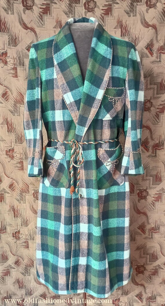 Vintage Mens 1950s Wool Dressing Gown Robe Green Brow… - Gem