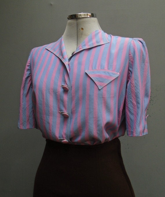 Superb Vintage 1940s Blouse Blue Pink Striped Silk
