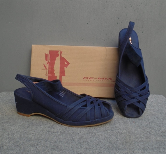 REMIX Vintage 1940s Style Wedge Shoes Navy Blue Ca