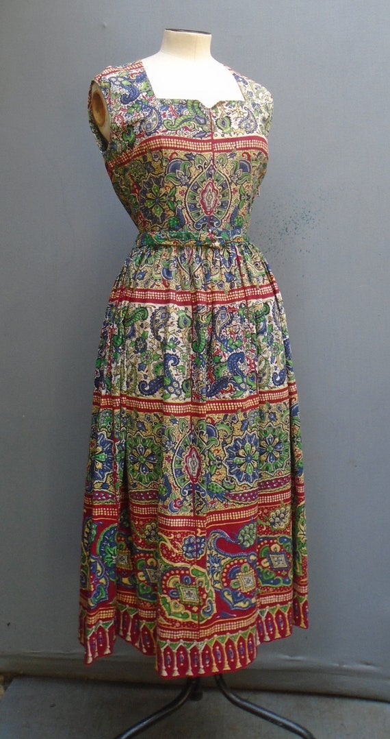 Vintage 1950s Dress Bold Print Red Green Blue Cot… - image 3