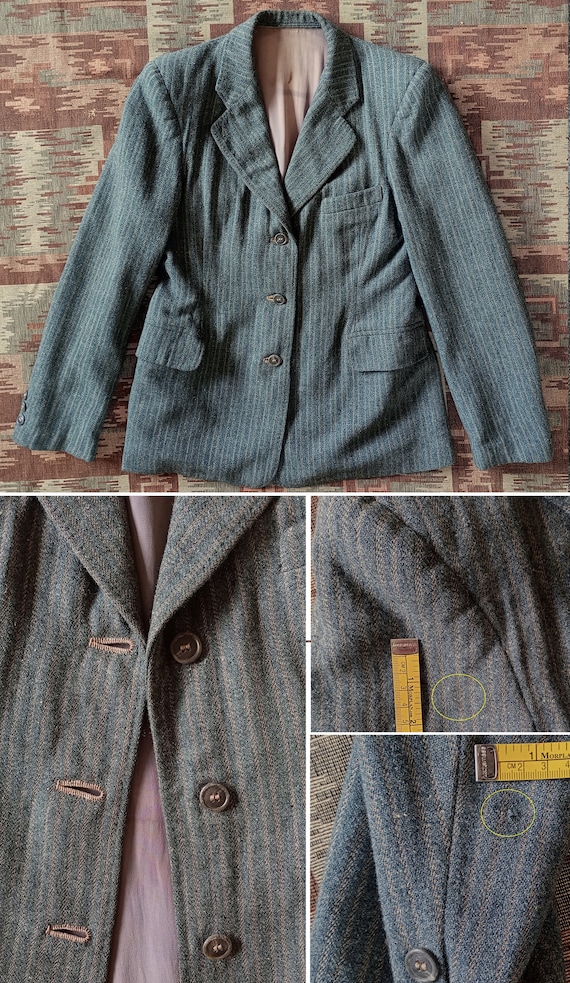 Rare Vintage 1940s Wool Jacket Grey Green Striped… - image 8