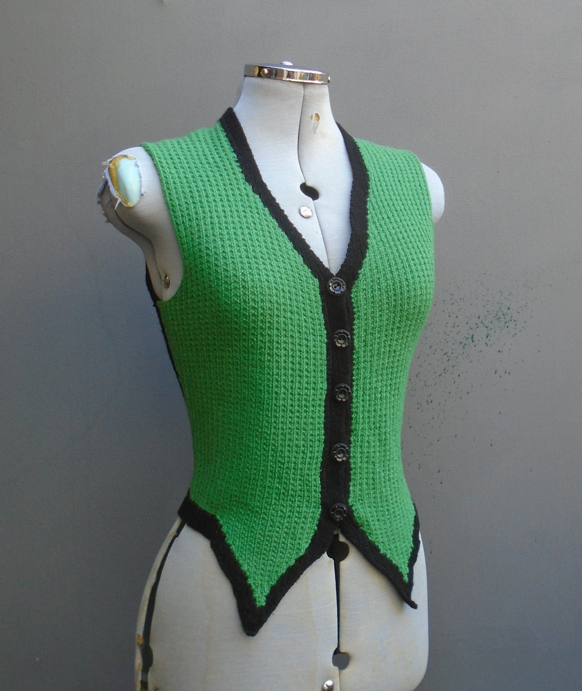 Image of Original Vintage S Ww Hand Knitted Waistcoat Green Black Sleeveless Cardigan Colour Block Jerkin Slip Over S S