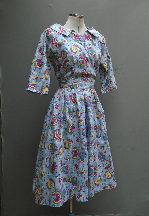 Original 1950s Dress Novelty Print Bold Floral Blu