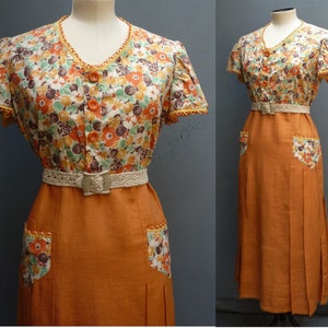 Superb Original 1930s Summer Dress Novelty Deco Two Tone Floral Print Cotton Linen