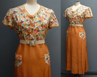 Superb Original 1930s Summer Dress Novelty Deco Two Tone Floral Print Cotton Linen