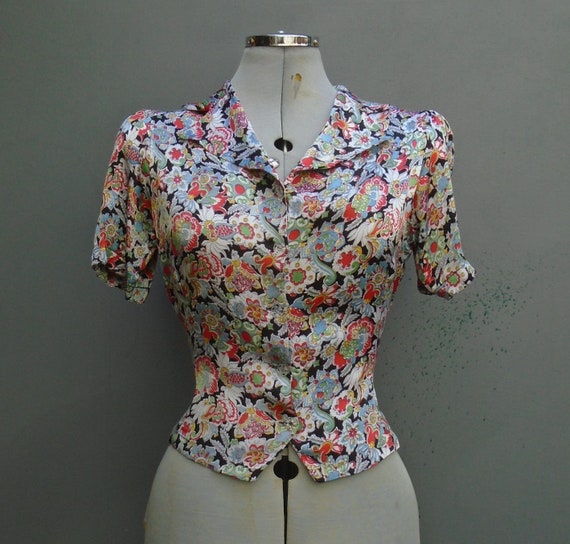 Rare Original 1930s Vintage Satin Blouse Jacket Fl