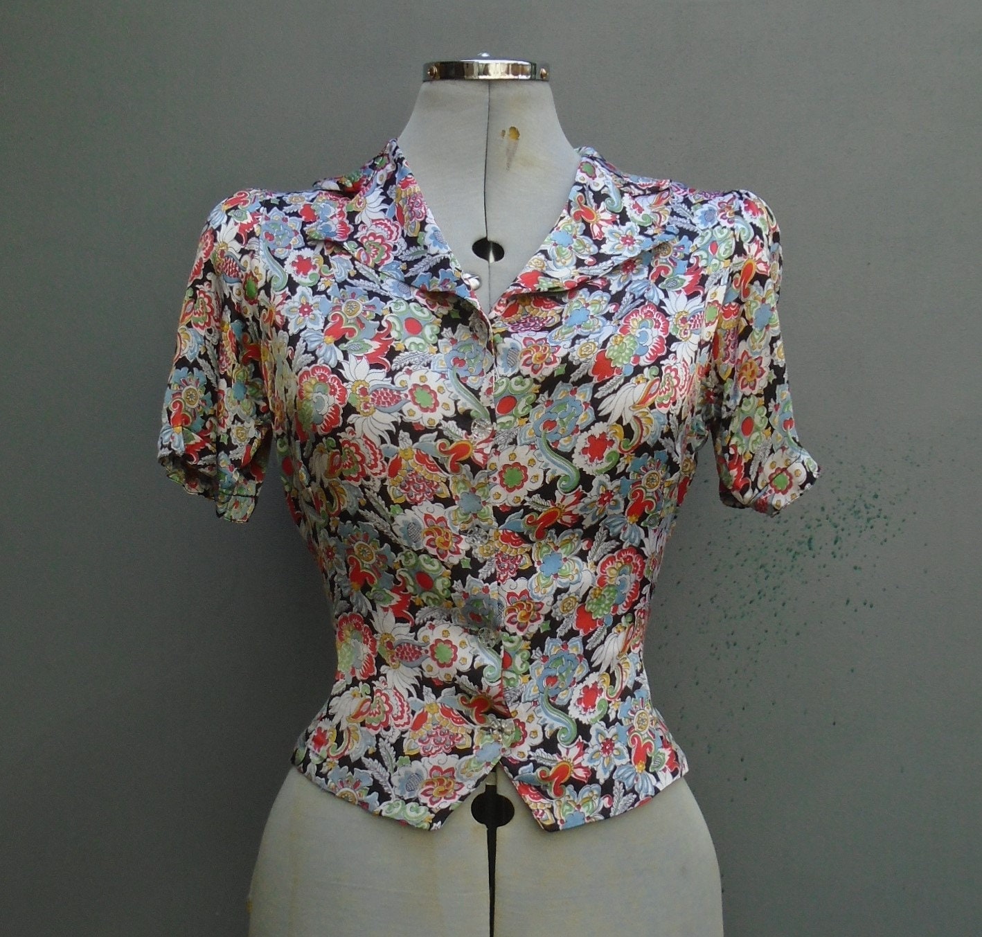 Image of Rare Original S Vintage Satin Blouse Jacket Floral Abstract Bold Novelty Print Handmade Top Deco