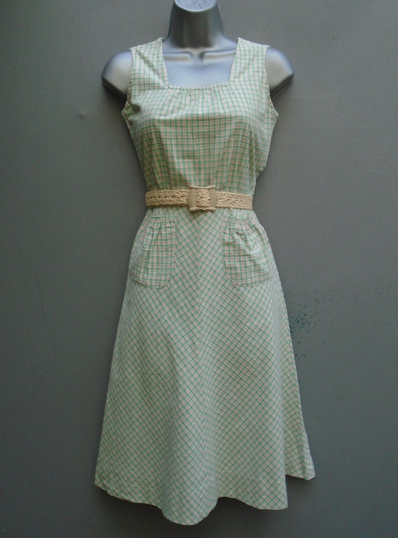 Vintage 1940s Pinafore Sun Dress Checked Pink Gree