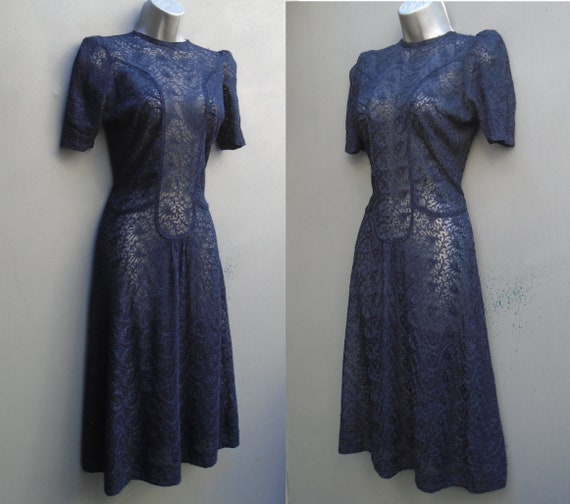Original Vintage 1940s Handmade Dress Dark Blue L… - image 1