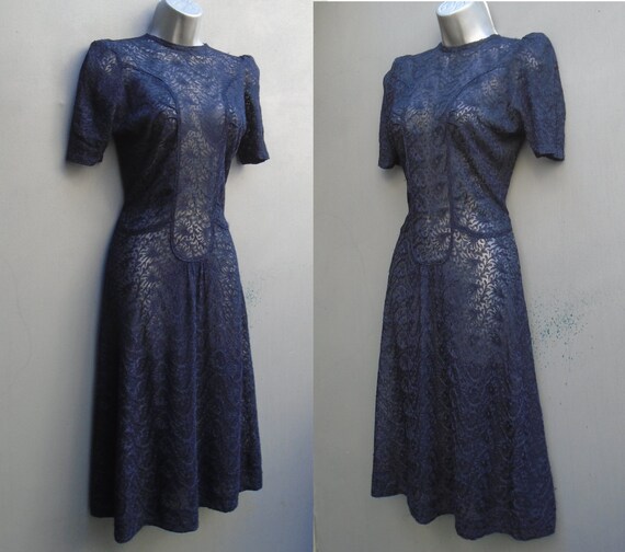 Original Vintage 1940s Handmade Dress Dark Blue La