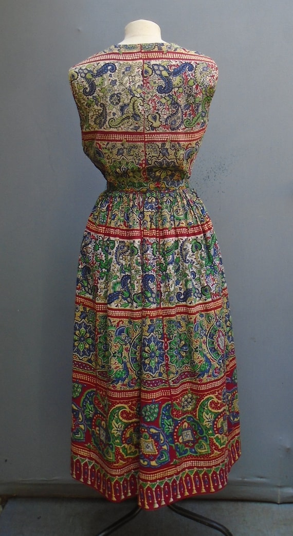 Vintage 1950s Dress Bold Print Red Green Blue Cot… - image 7