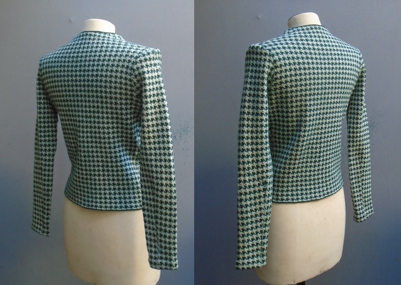 RARE Original Vintage 1930s 1940s Houndstooth Jersey Knit Jacket Cardigan Wool Sweater Green White image 6