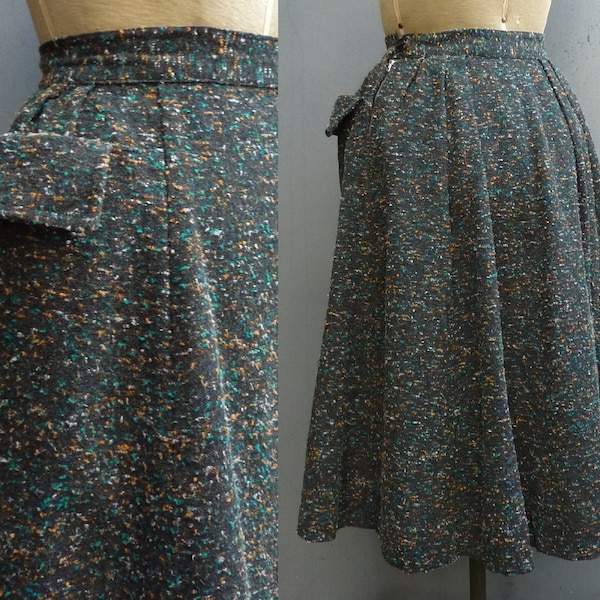 Super Vintage 1950s Skirt Charcoal Atomic Flecked Textured Wool High Waist Novelty Big Pockets 50s