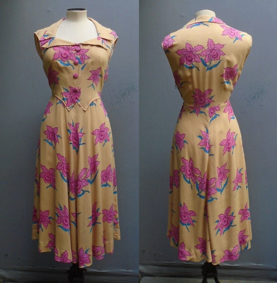 Original Vintage 1940s 1950s Sun Dress Bold Novelt