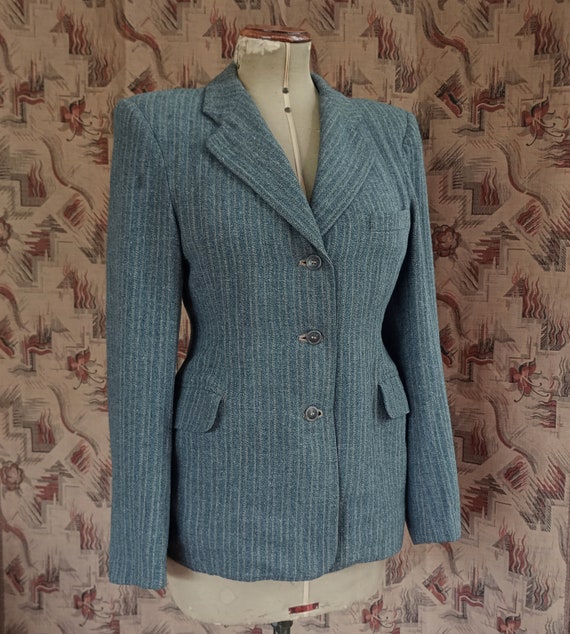 Rare Vintage 1940s Wool Jacket Grey Green Striped… - image 4