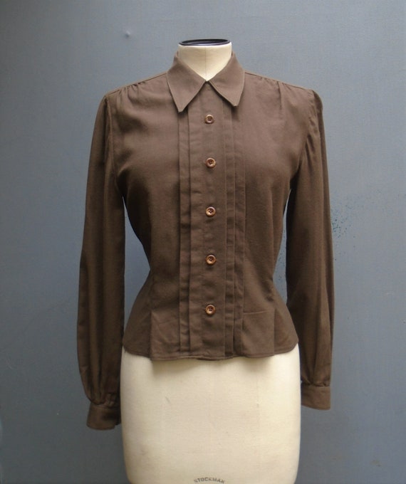 Vintage Reproduction 1940s 50s Blouse Brown Wool C