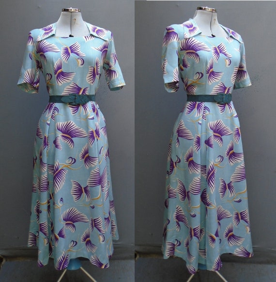Vintage 1950s Dress Blue Purple Bold Novelty Flora