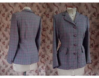 Vintage 1940s Wool Jacket Grey Green Pink Checked Tailored Blazer Back Belt Belted 40s