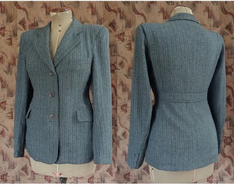 Rare Vintage 1940s Wool Jacket Grey Green Striped Tailored Blazer Back Belt Belted Hand Made 40s