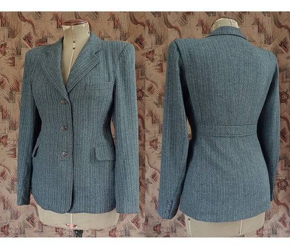 Rare Vintage 1940s Wool Jacket Grey Green Striped… - image 1