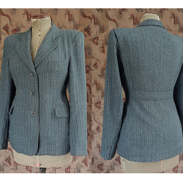 Veste en laine rare vintage des années 40, blazer sur mesure gris vert rayé, ceinture dans le dos, fait main, années 40