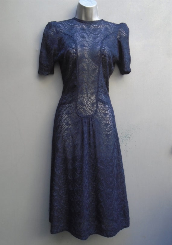 Original Vintage 1940s Handmade Dress Dark Blue L… - image 2
