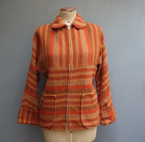 カーディガン VINTAGE - 1970's Stripe Zip Up Knit Blouson Vintage 1970s Zip up Jacket Orange Green Brown Striped Wool