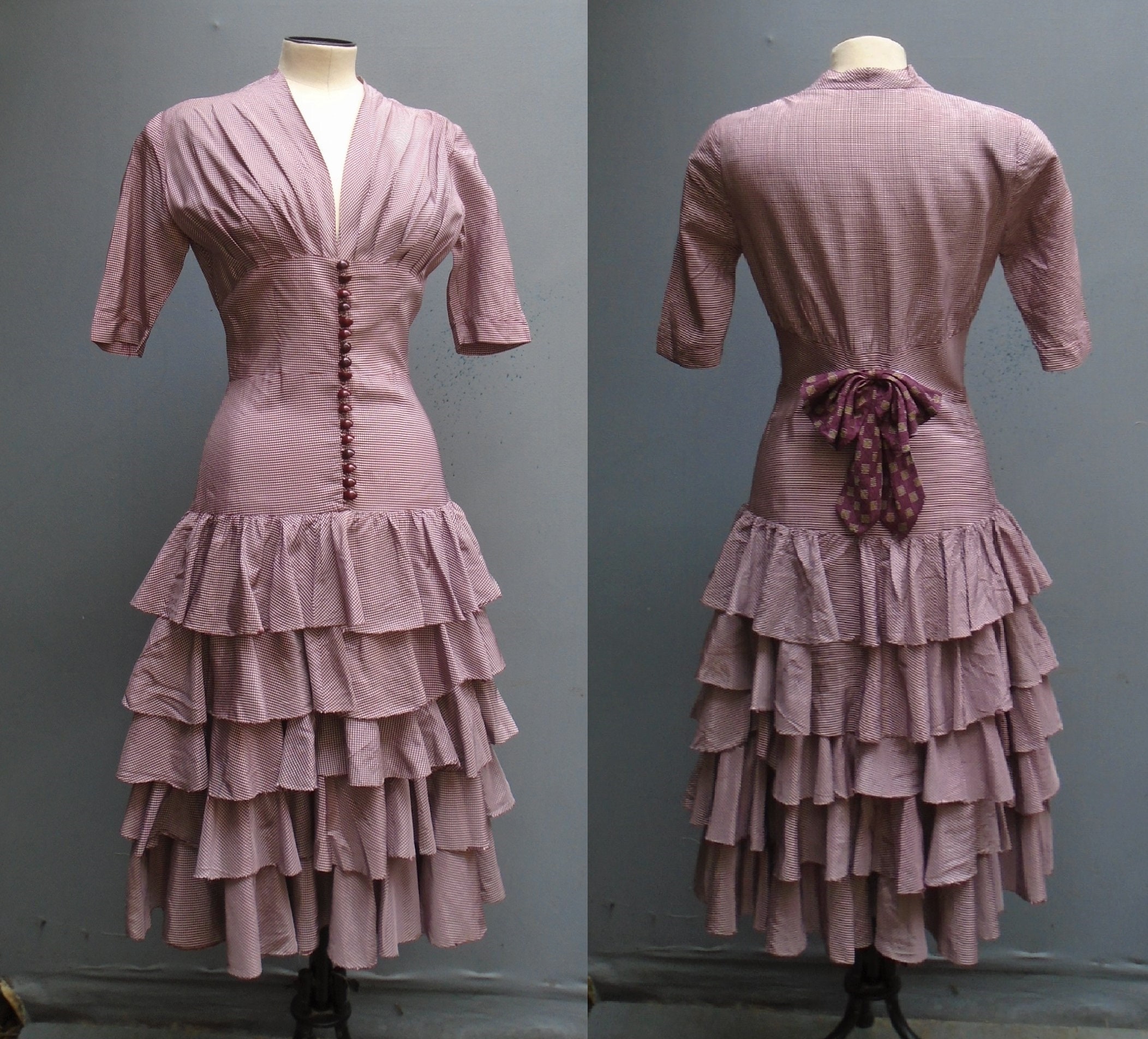 Image of Vintage S American Ruffle Dress Burgundy Cream Rayon Taffeta Check Ww S