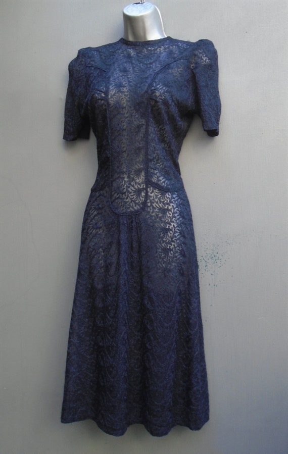 Original Vintage 1940s Handmade Dress Dark Blue L… - image 3