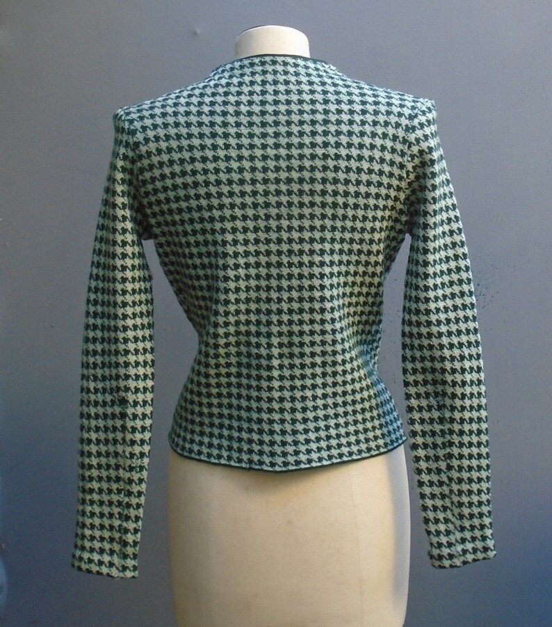 RARE Original Vintage 1930s 1940s Houndstooth Jersey Knit Jacket Cardigan Wool Sweater Green White image 7