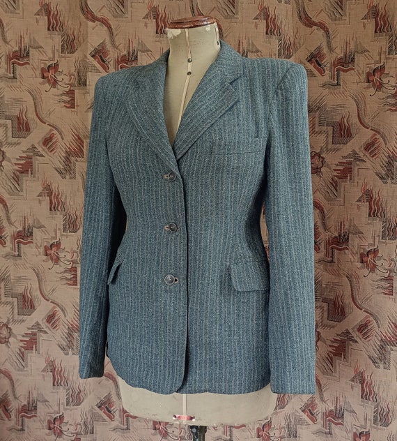 Rare Vintage 1940s Wool Jacket Grey Green Striped… - image 6