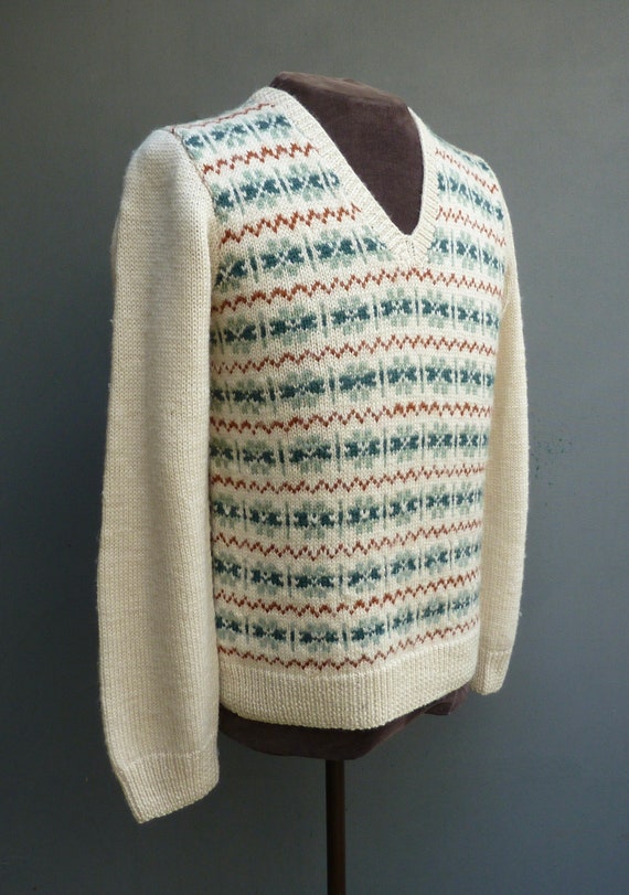 Vintage Hand Knitted Fair Isle Sweater Jumper Cre… - image 2