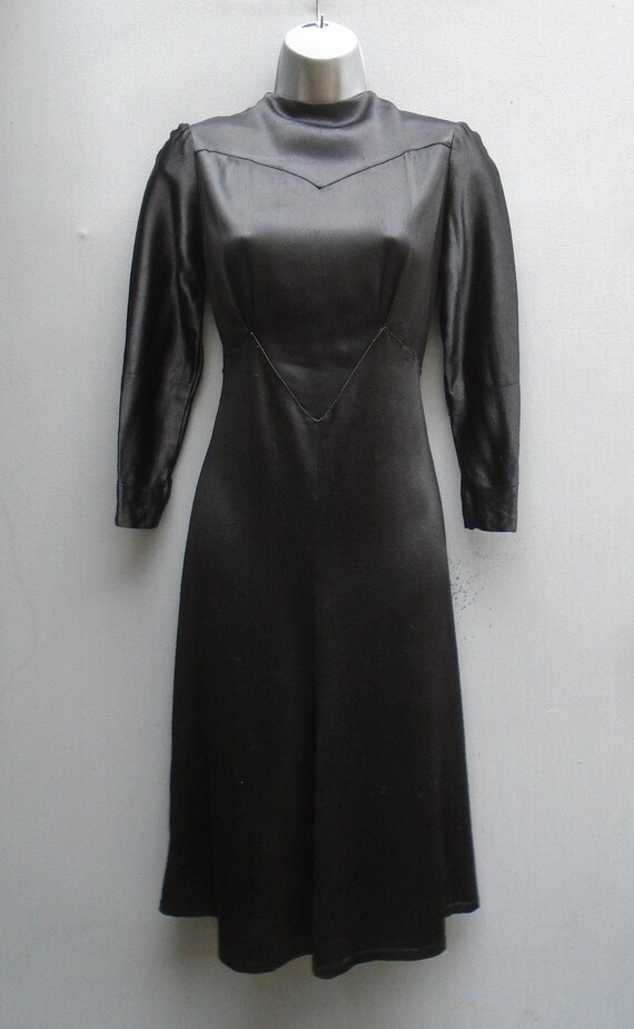 Rare Slinky Vintage 1930s 40s Dress Black Satin C… - image 1