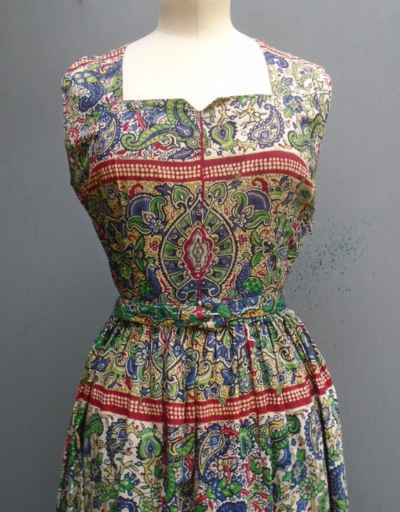 Vintage 1950s Dress Bold Print Red Green Blue Cot… - image 2