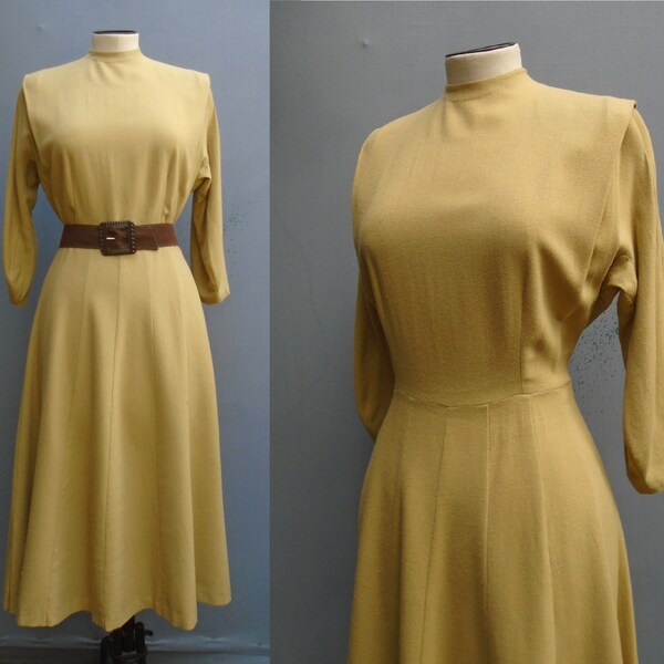 Superb 1940s Vintage Dress WW2 Mustard Wool Handmade 40s Utility Era S