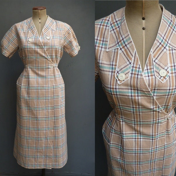 Vintage 1930s French Overall Dress Checked Cotton Chore Work Smock Wash Frock 30s 1940s 40s